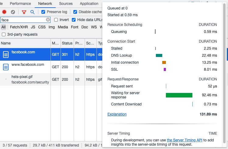 HTTP Server Connections Chrome DevTools